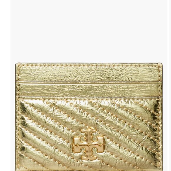 Tory Burch Leather Kira Moto Quilt Metallic Pave Logo Card Case Wallet Gold - Picture 1 of 10